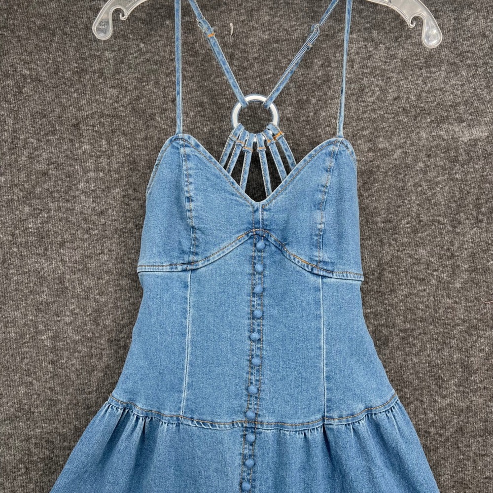 Womens Medium Wash Tiered Denim Maxi Dress O-Ring Strappy Back Blue Size M - Picture 4 of 10